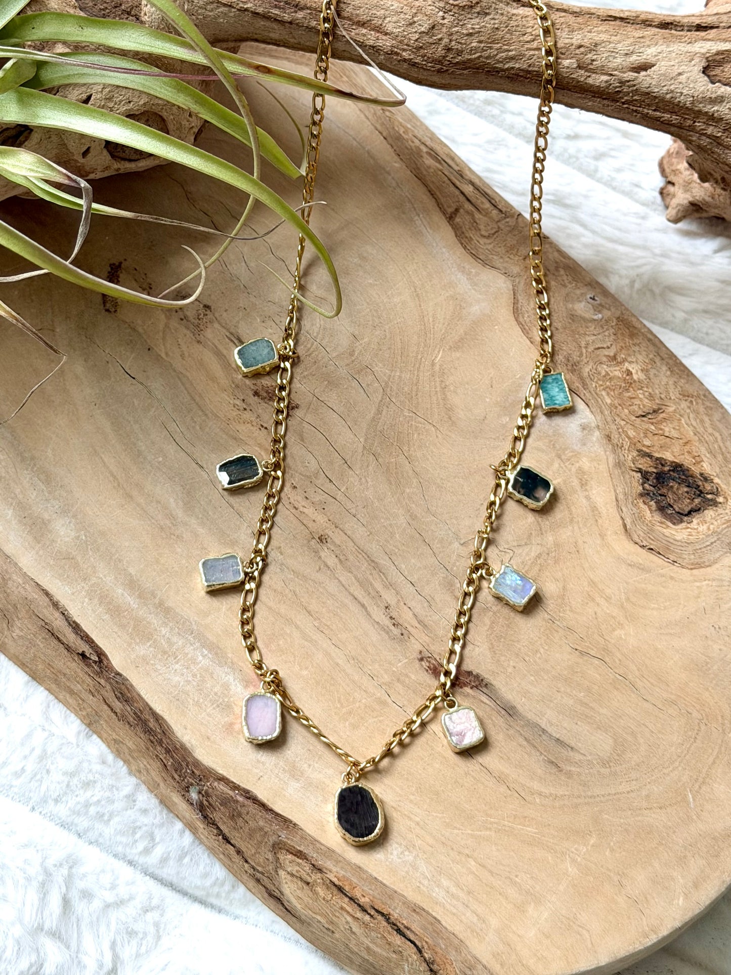 Mixed Gemstone + Gold Stainless Charm Necklace