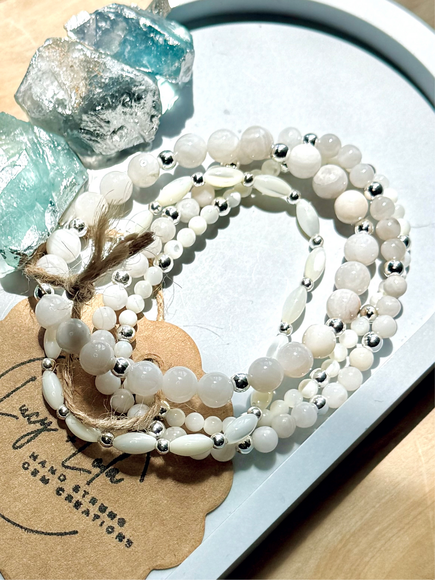 White Lace Agate + Mother of Pearl Silver Stack (4-stack)