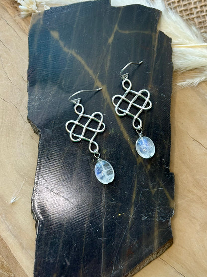 Rainbow Moonstone + Matte Silver Lacey Earrings