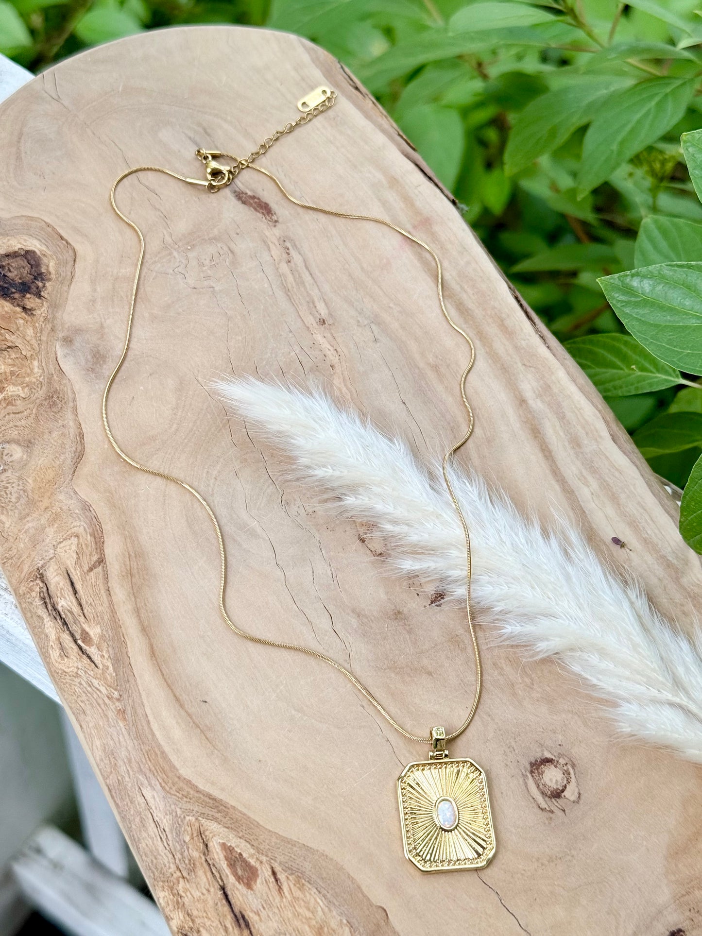 Opal + Gold Rectangle Pendant Necklace