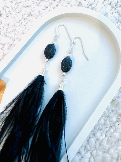 Lava Rock + Silver Black Feather Earrings
