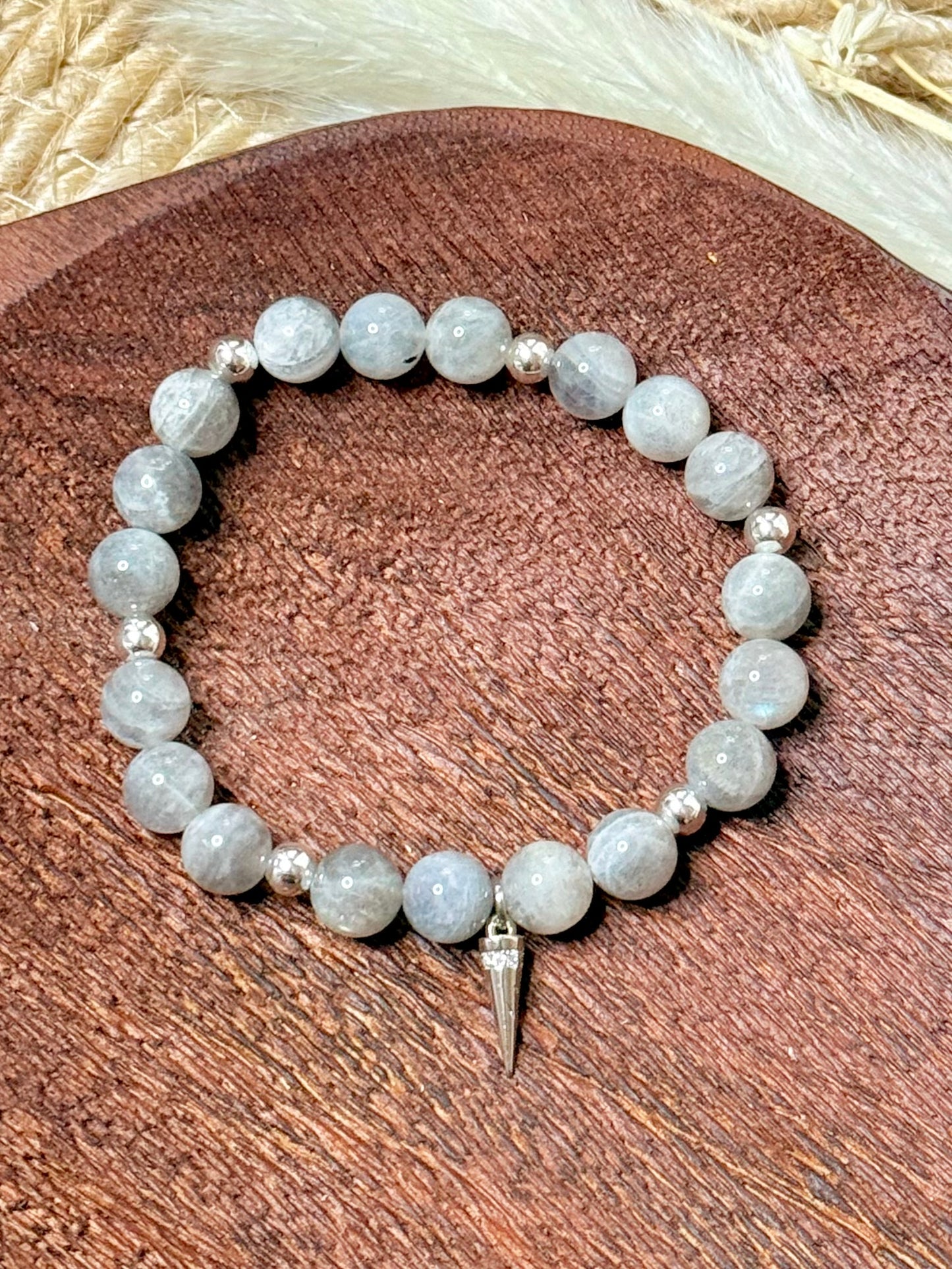 Light Gray Labradorite + Silver Chunky Charm Band