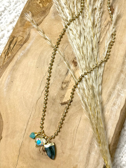 Hypersthene + Turquoise Gold Charm Necklace