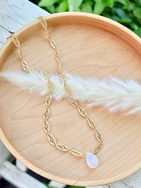 Rainbow Moonstone + Matte Gold Filigree Necklace