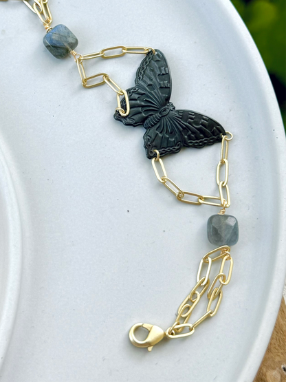 Dark Brass Butterfly + Labradorite Matte Gold Chain Bracelet