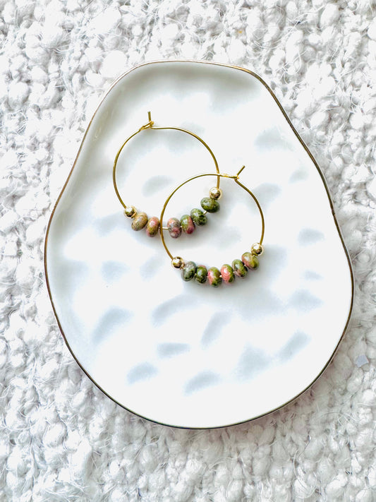 Unakite + Gold Hoop Earrings