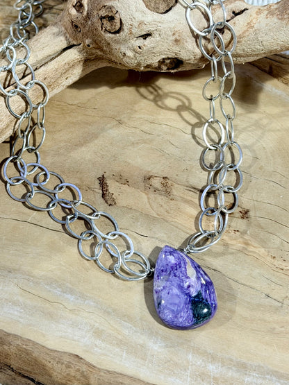 Purple Charoite Black Aegirine + Antique Silver Necklace