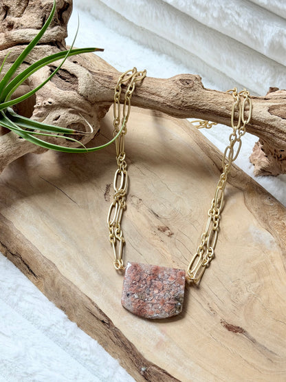 Pink Ocean Agate + Matte Gold Double Chain Necklace