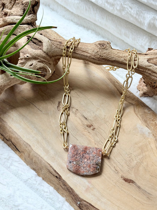 Pink Ocean Agate + Matte Gold Double Chain Necklace