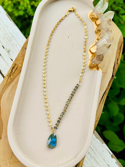 Labradorite + Matte Gold Beaded Chain Necklace