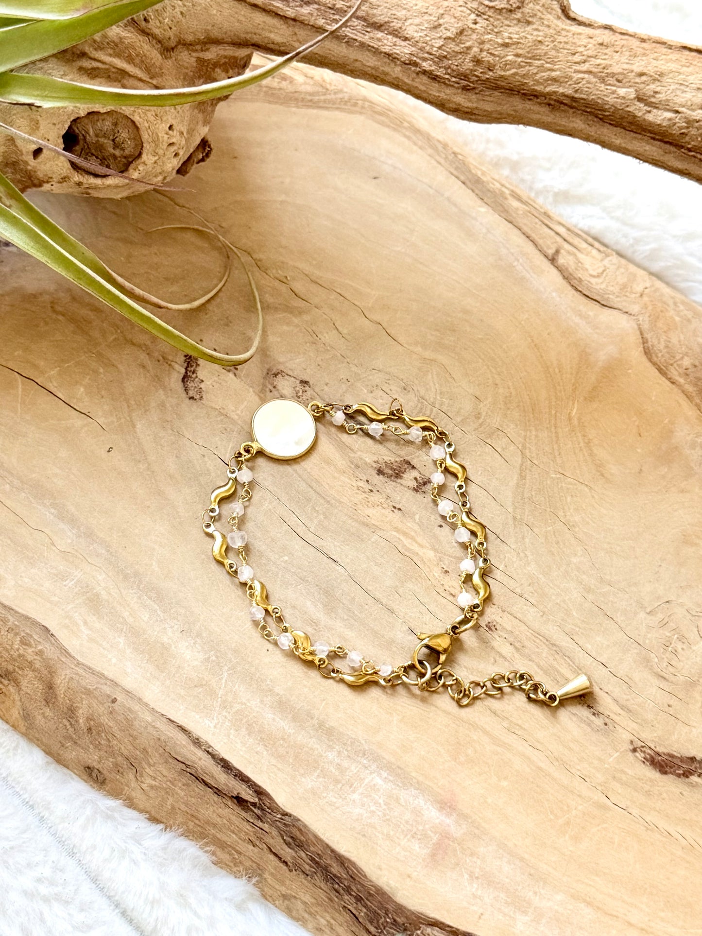 Mother of Pearl + Moonstone Duet Bracelet in Gold Stainless Steel