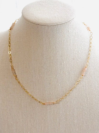 Silver-Peach Moonstone + Gold Chain Necklace