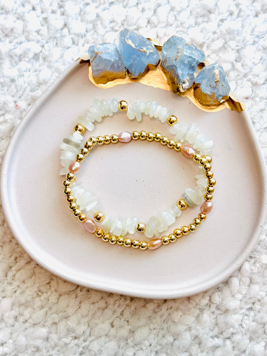 Freshwater Pearl + Moonstone Duo in Gold