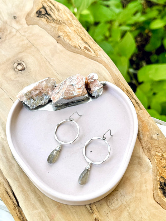 Labradorite + Matte Silver Circle Earrings