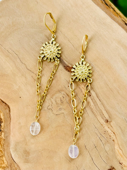 Moonstone + Matte Gold Sun Earrings