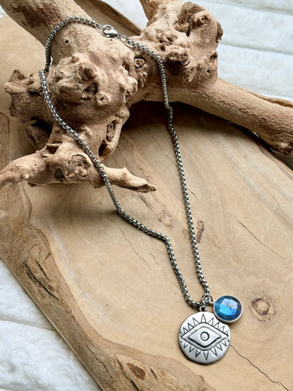 Labradorite + Silver Evil Eye Necklace