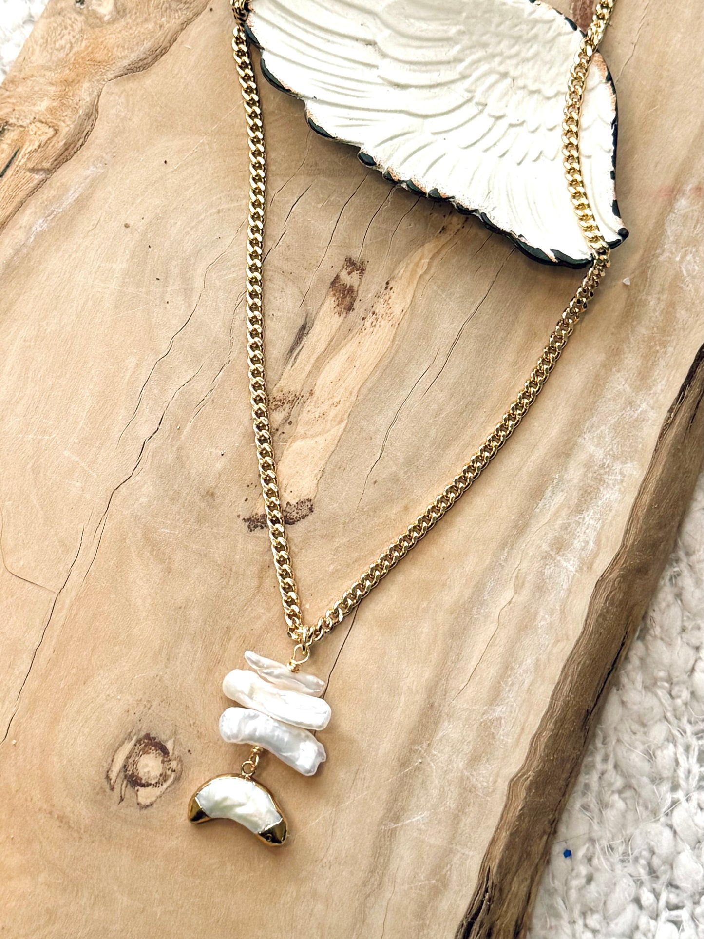 Freshwater Pearl + Matte Gold Moon Necklace