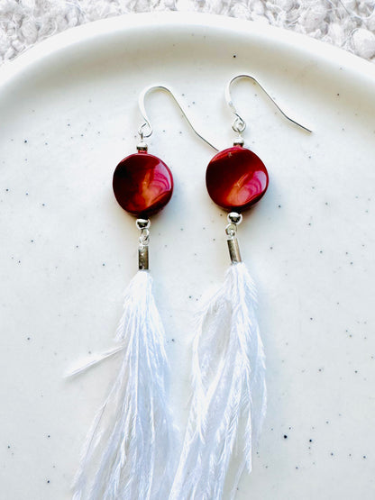Red Jasper + Silver White Feather Earrings
