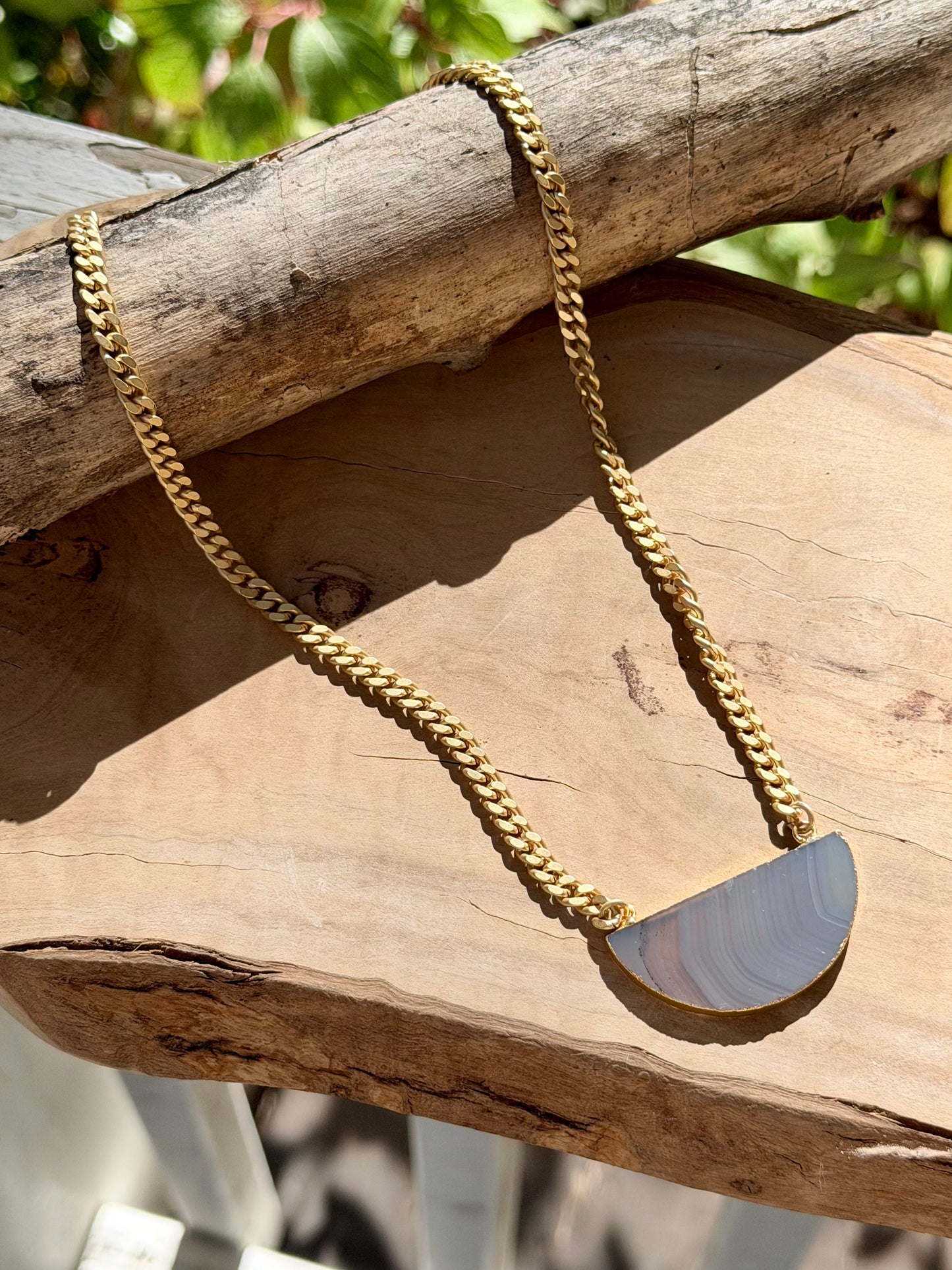 Agate Slice + Matte Gold Half Moon Necklace