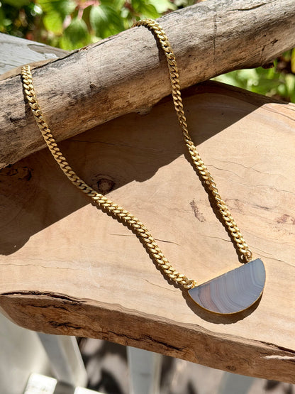 Agate Slice + Matte Gold Half Moon Necklace