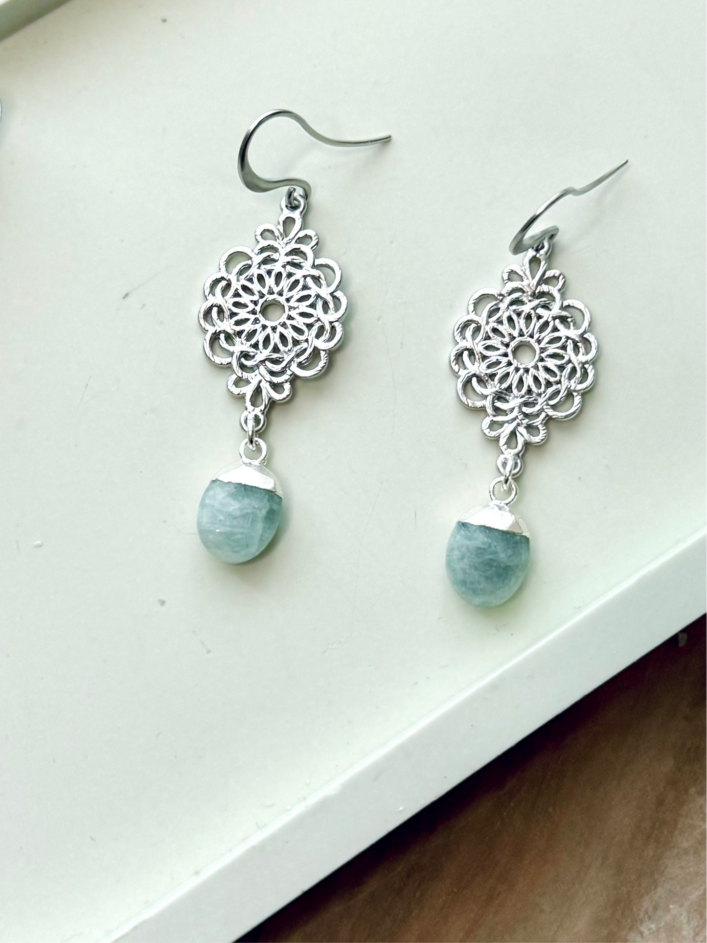 Aquamarine + Matte Silver Floral Earrings