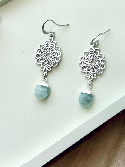 Aquamarine + Matte Silver Floral Earrings