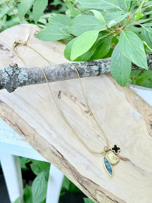 Emerald + Onyx Gold Stainless Steel Necklace