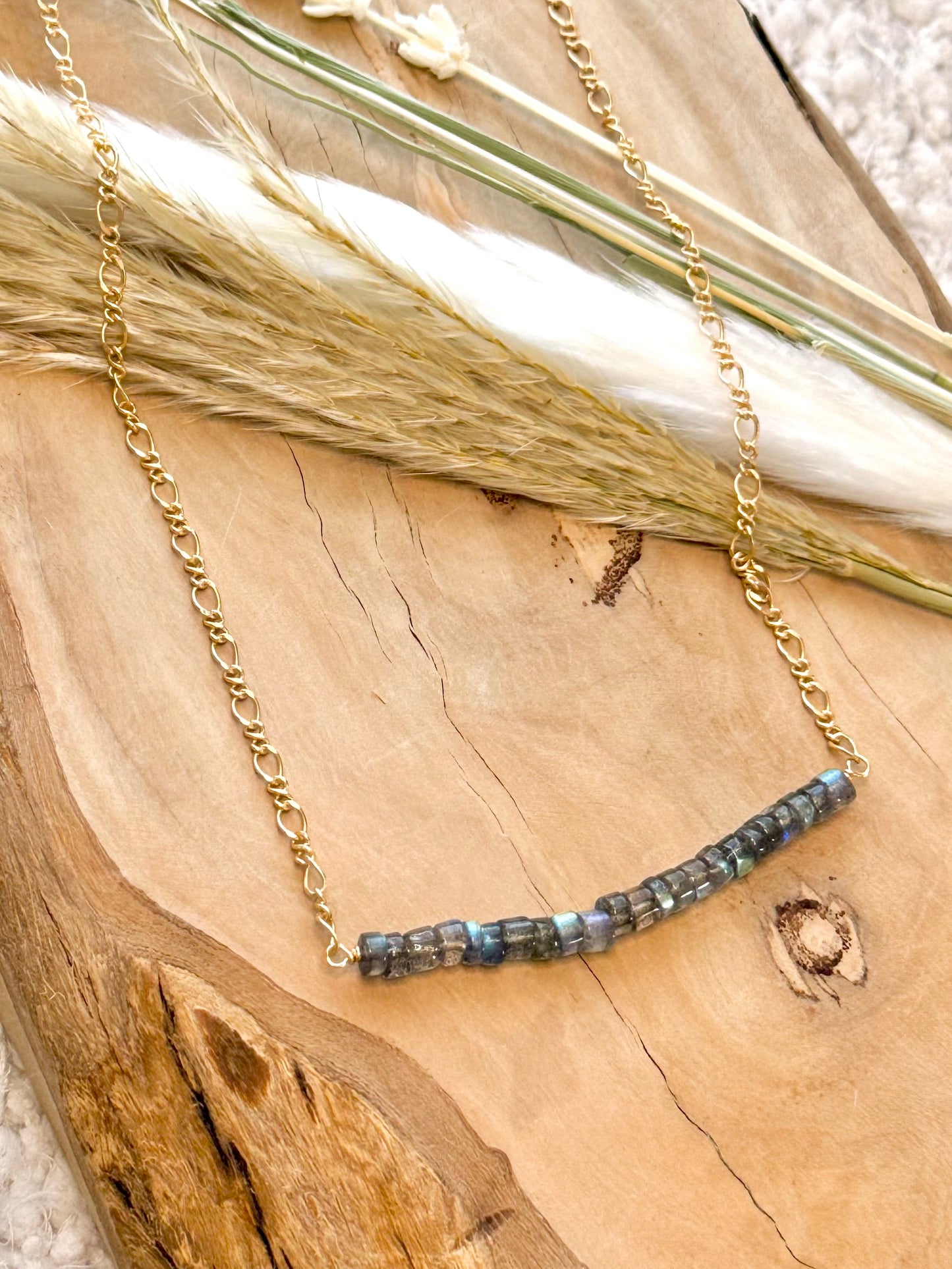 Labradorite + Gold Chain Long Bar Necklace
