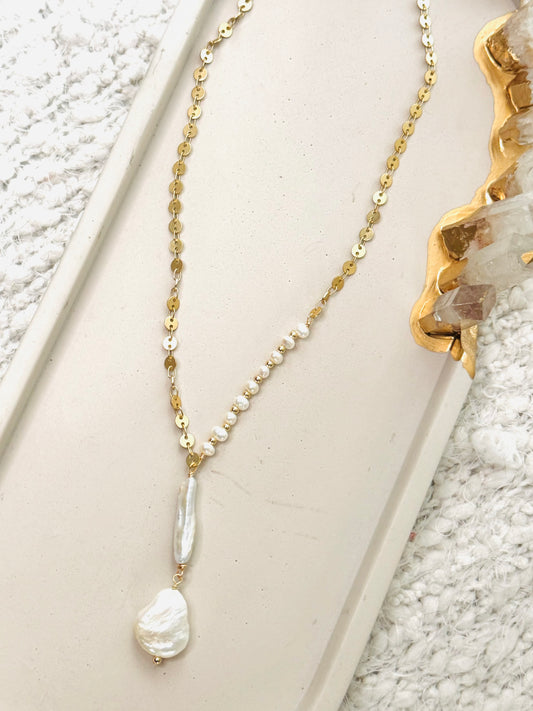 Freshwater Pearl + Matte Gold Lariat Necklace