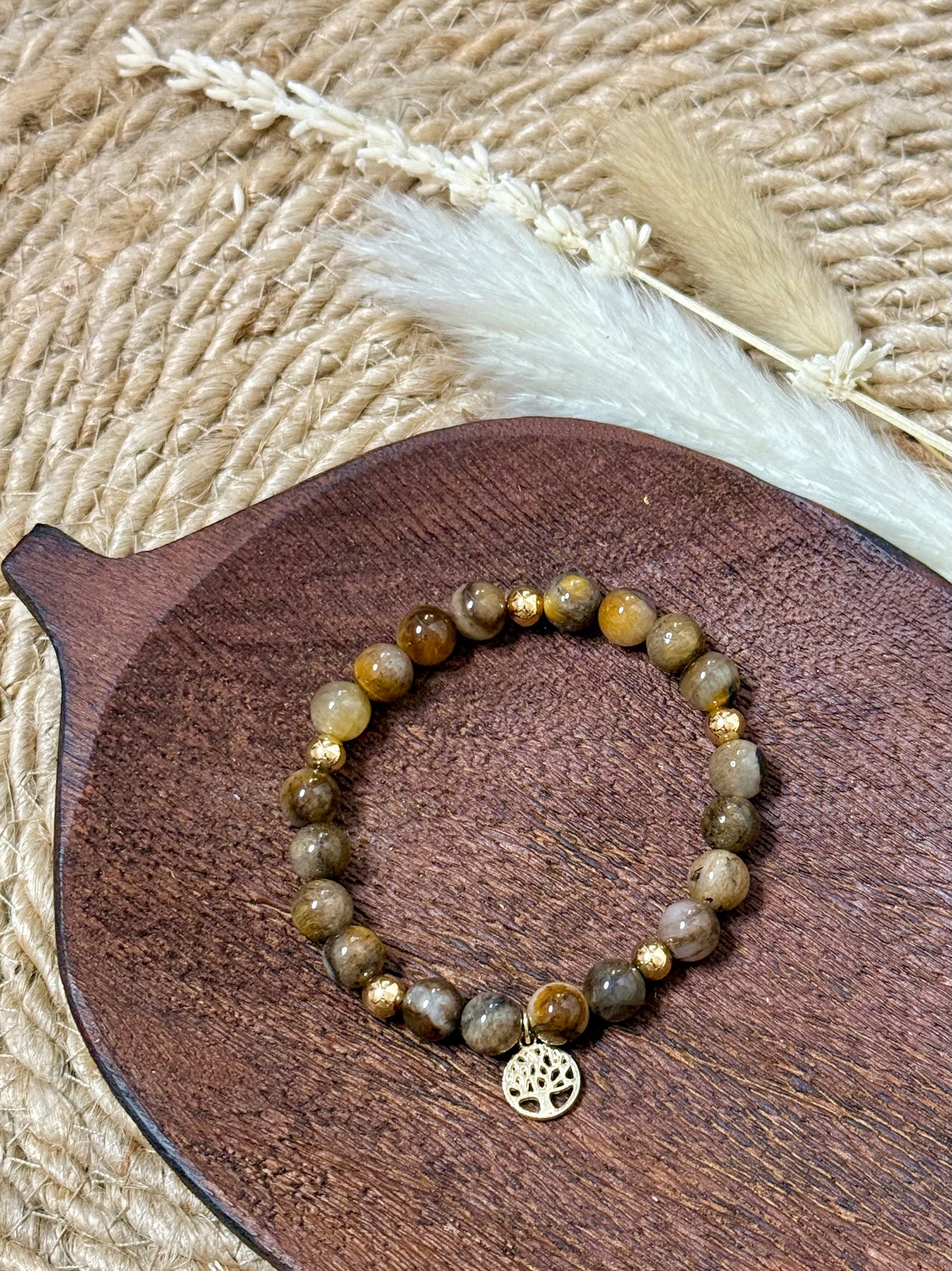 Bronze Tiger Eye with Quartz + Gold Chunky Charm Band