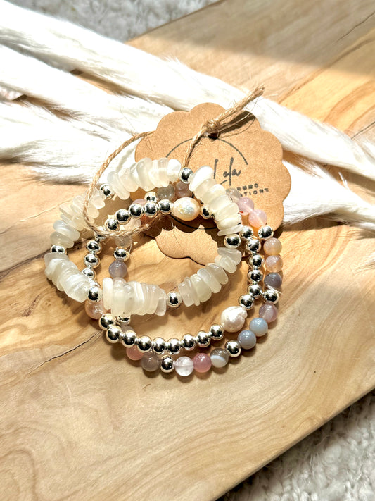 Freshwater Pearl + Moonstone Silver Stack (3-stack)