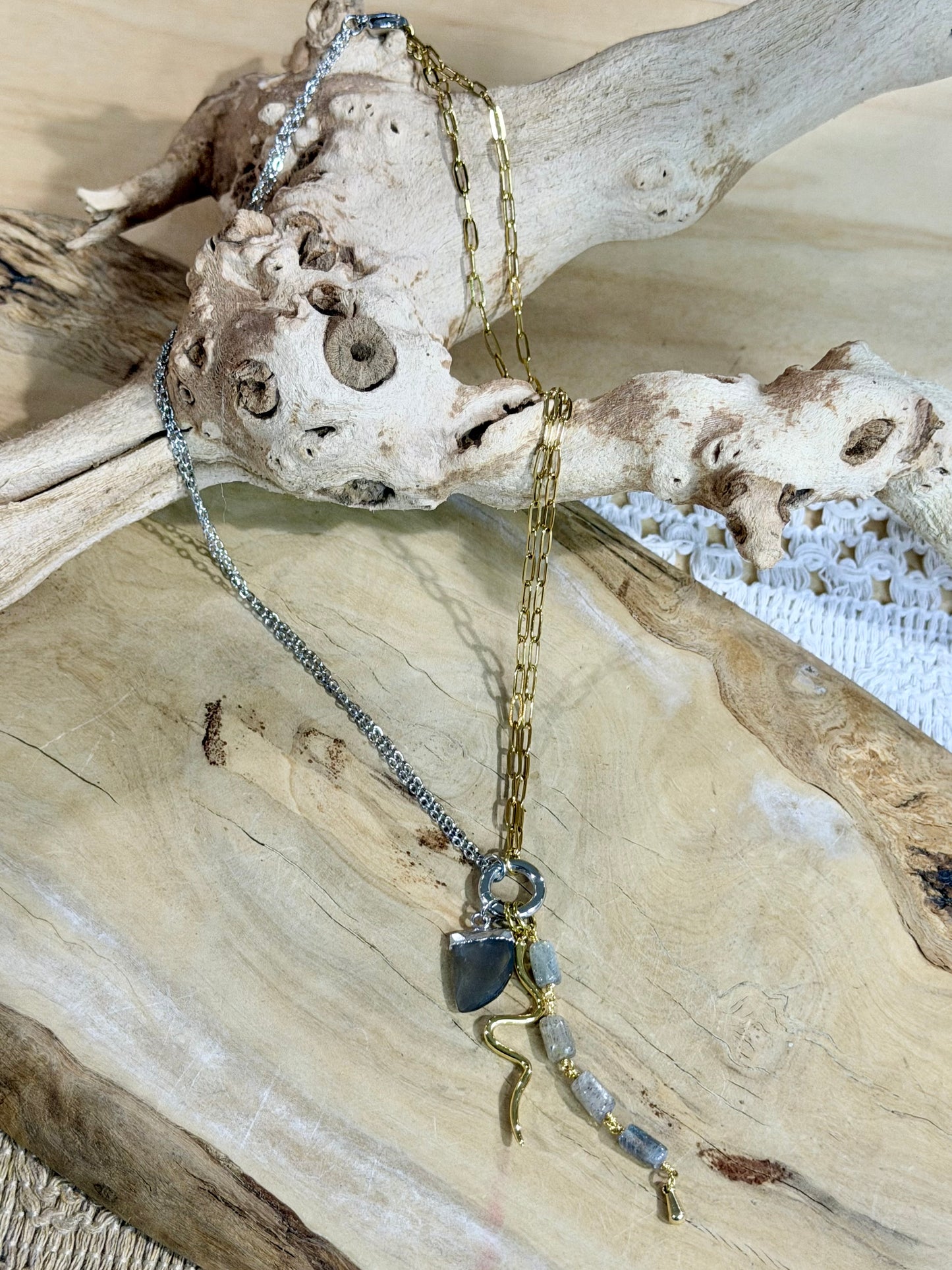 Gray Moonstone + Labradorite Mixed Metal Carabiner Charm Necklace