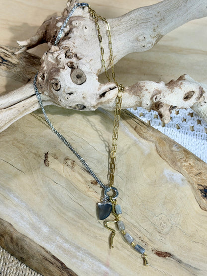 Gray Moonstone + Labradorite Mixed Metal Carabiner Charm Necklace