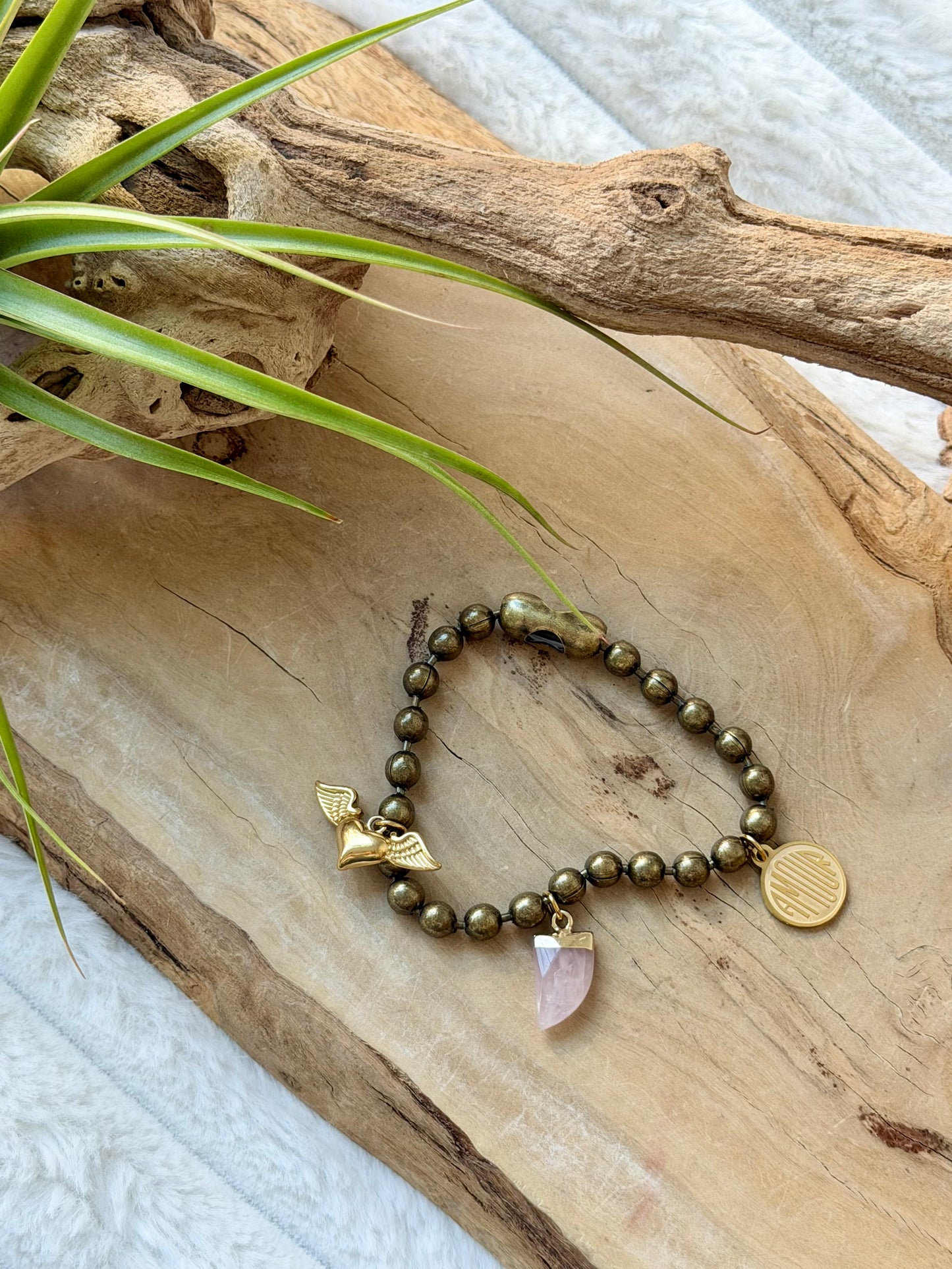 Rose Quartz + Brass Ball Charm Bracelet