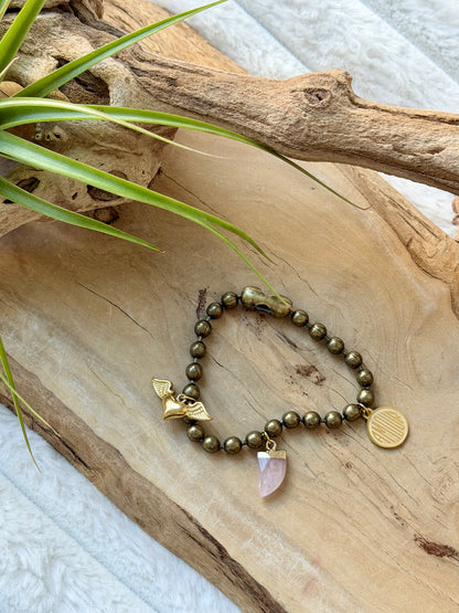 Rose Quartz + Brass Ball Charm Bracelet