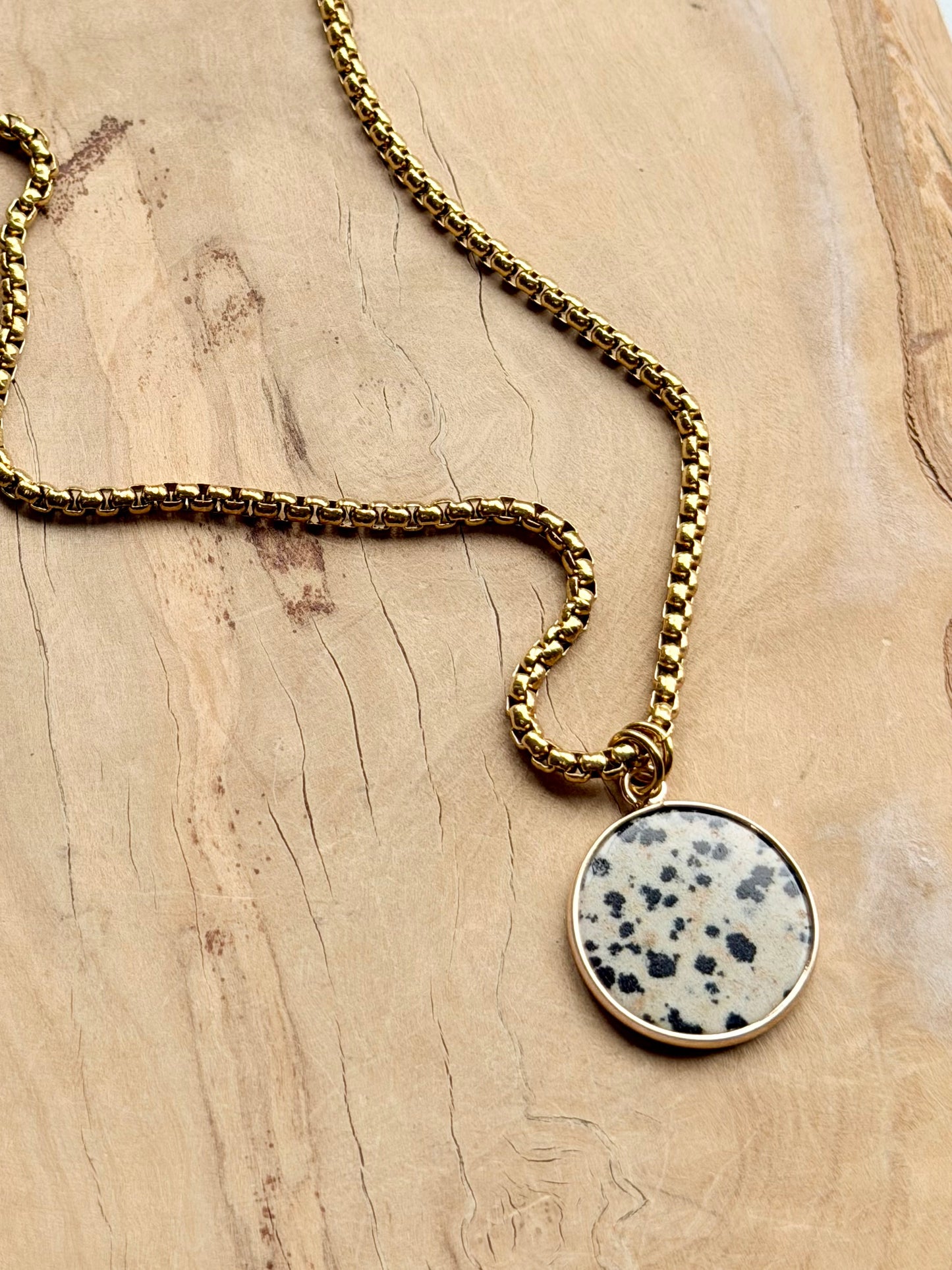 Dalmatian Jasper + Gold Circle Pendant Necklace