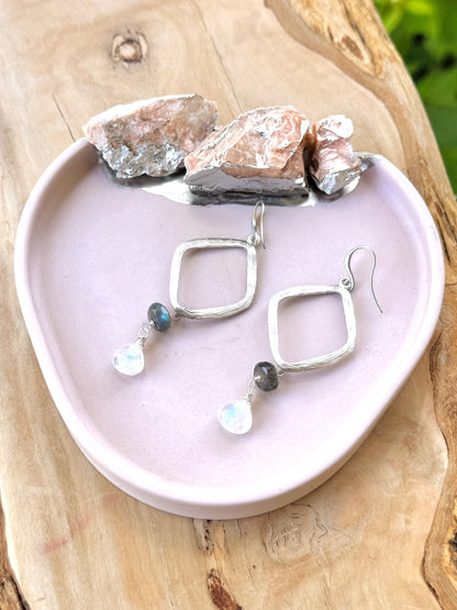 Labradorite + Moonstone Matte Silver Diamond Earrings
