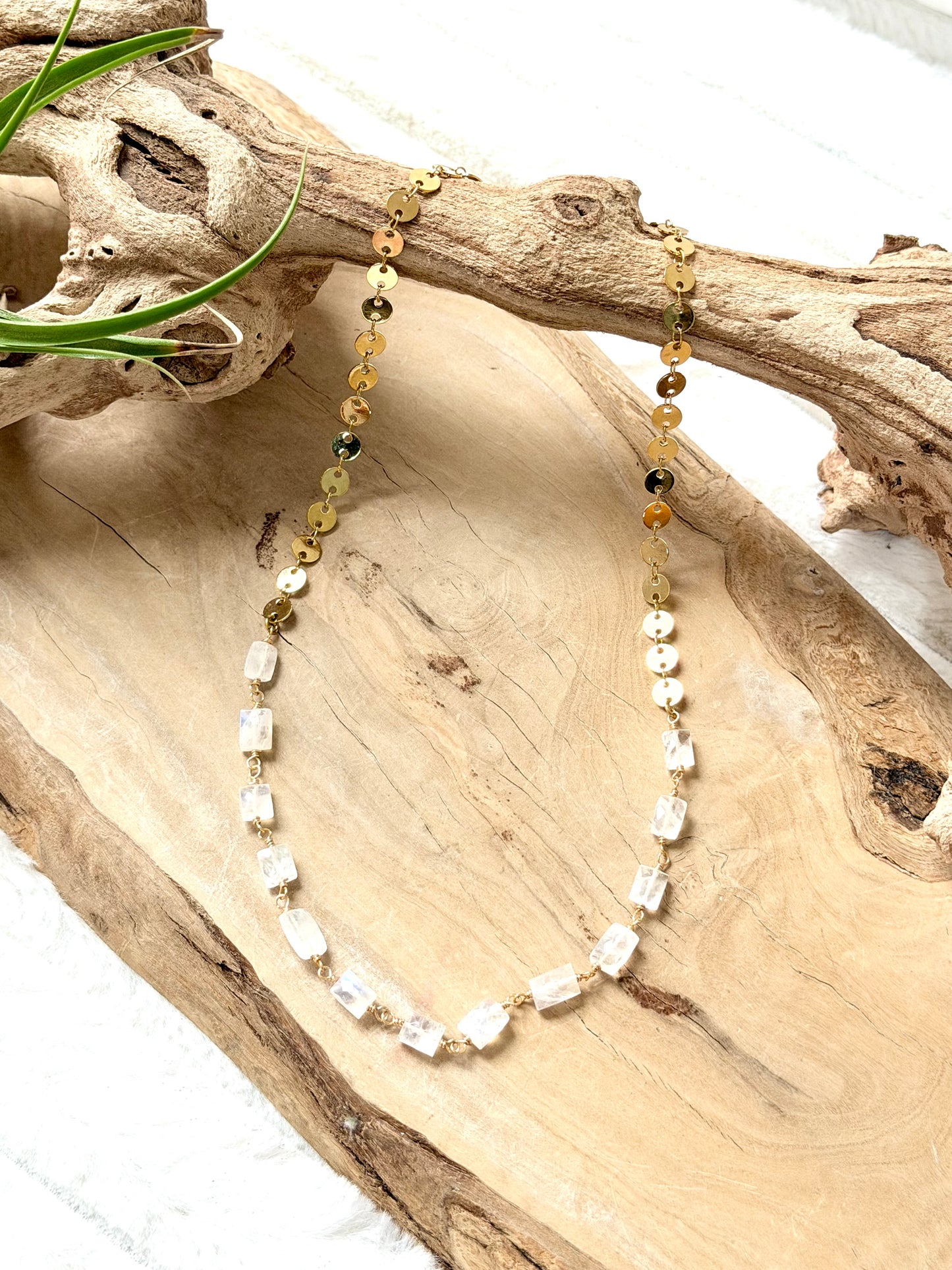 Rainbow Moonstone + Gold Sequin Necklace