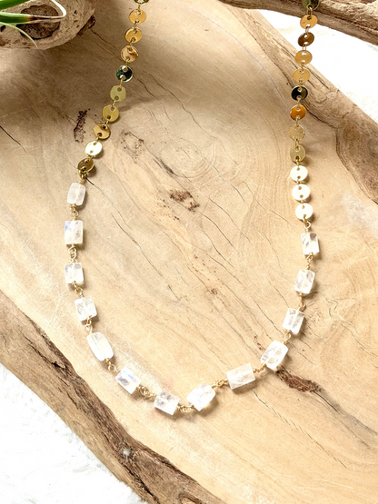 Rainbow Moonstone + Gold Sequin Necklace