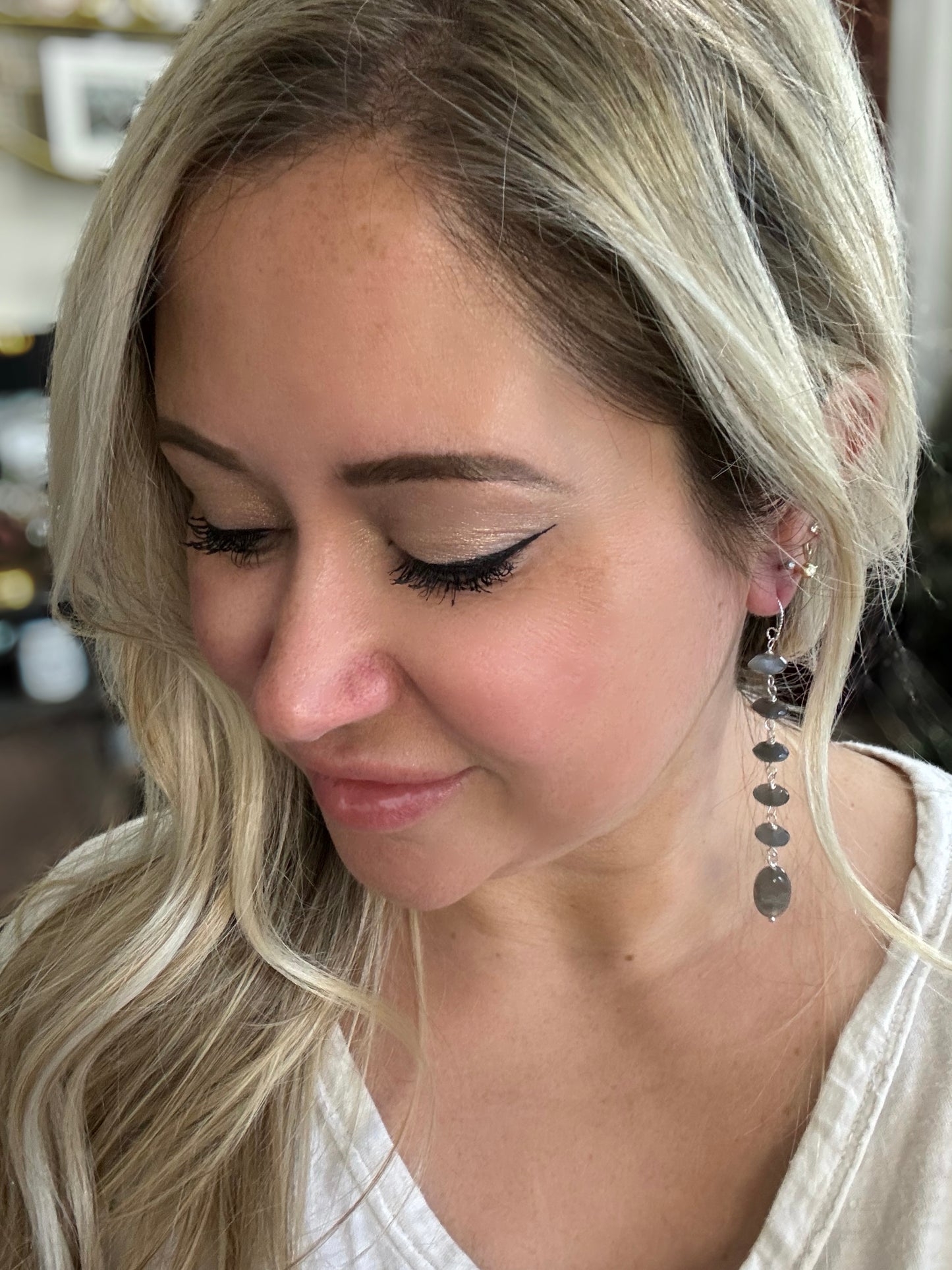 Gray Moonstone + Silver Drop Earrings