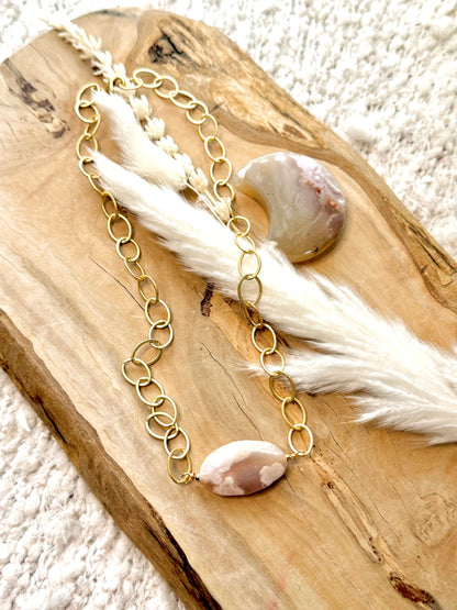 Cherry Blossom Agate + Matte Gold Chunky Necklace