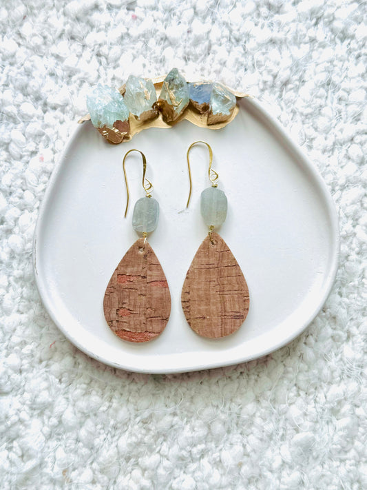 Raw Labradorite + Gold Cork Teardrop Earrings