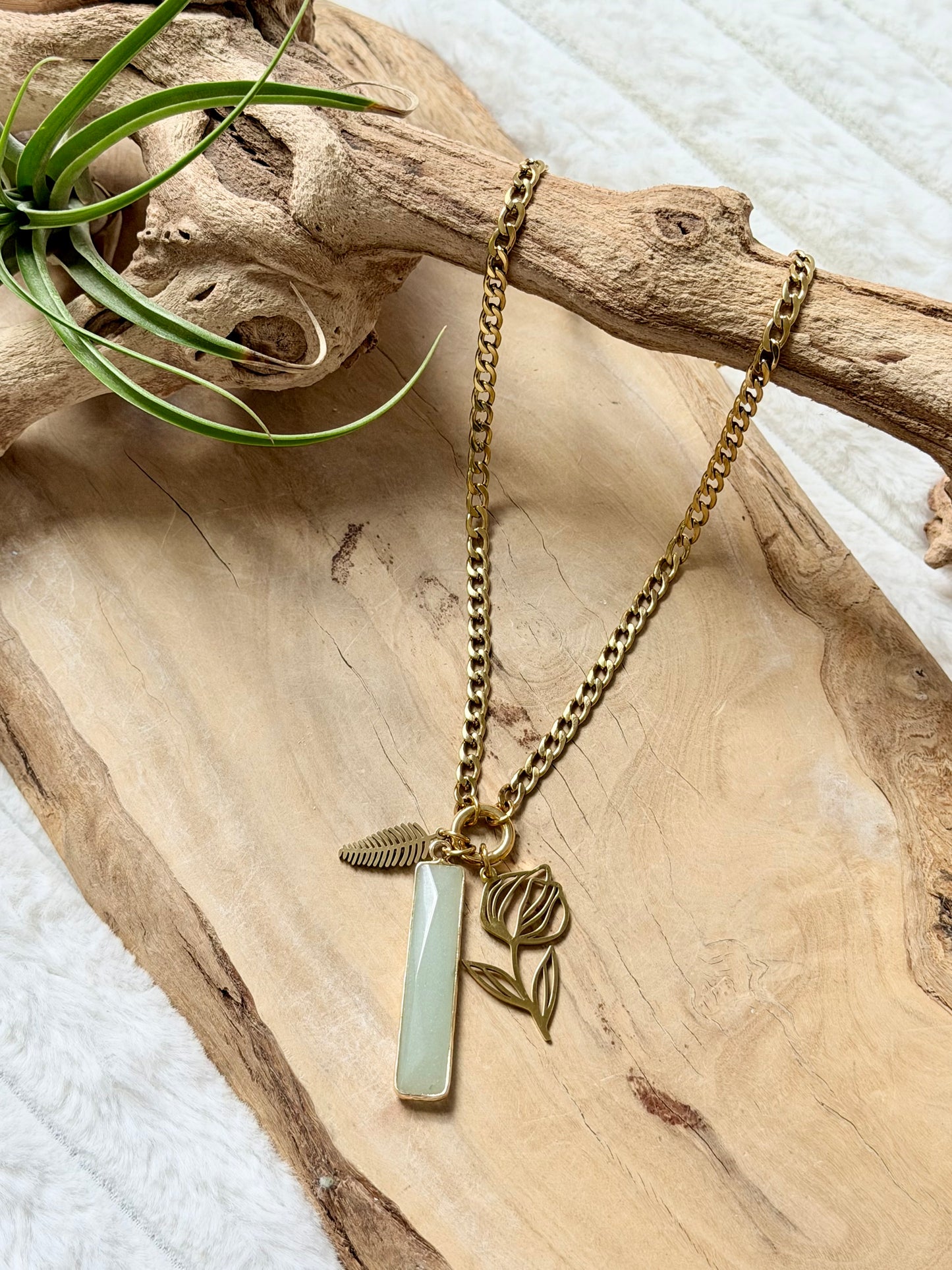 Green Aventurine + Gold Carabiner Necklace