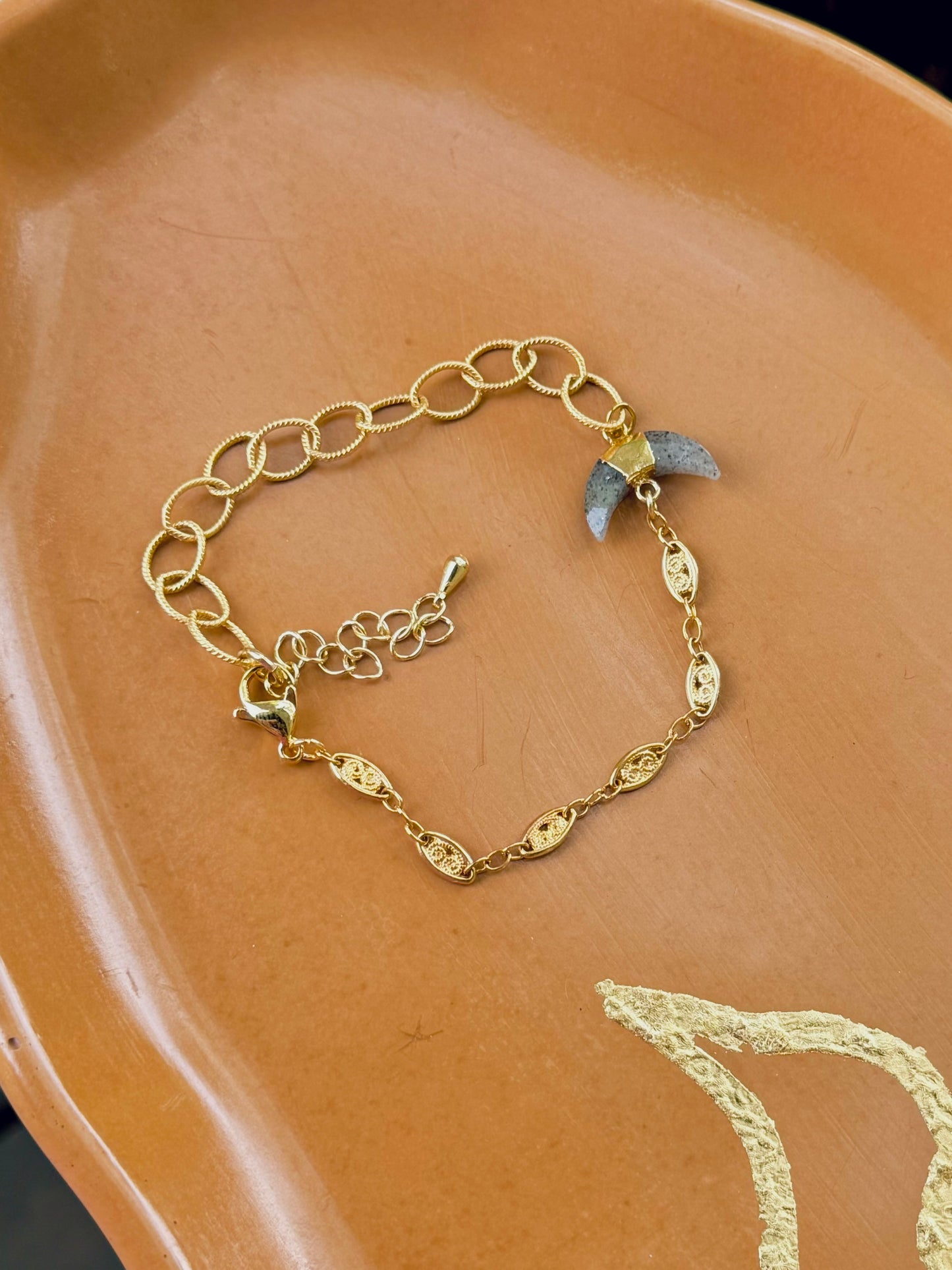 Black Sunstone + Gold Crescent Moon Chain Bracelet