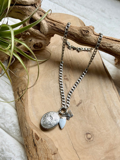 Blue Opal + Stainless Steel Locket, Carabiner Charm Necklace
