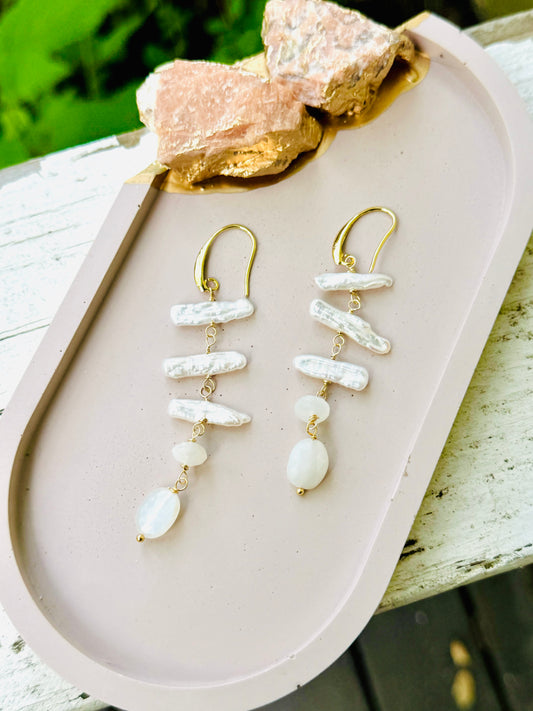 Freshwater Biwa Pearls +  Moonstone Gold Drop Earrings