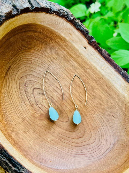 Light Blue Sea Glass + Gold Hook Earrings