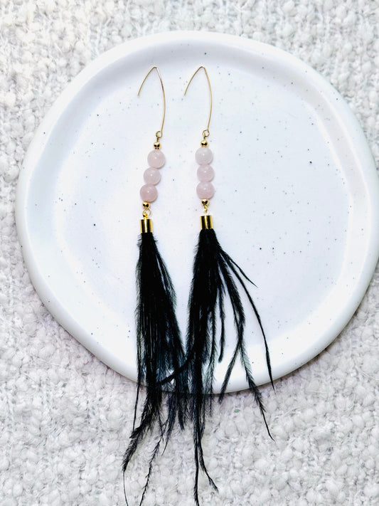 Rose Quartz + Gold Black Feather Earrings