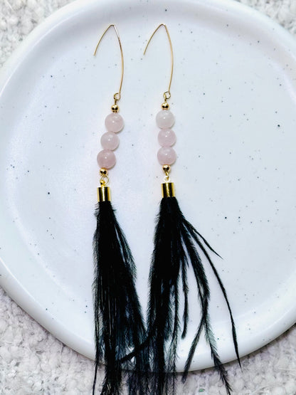 Rose Quartz + Gold Black Feather Earrings