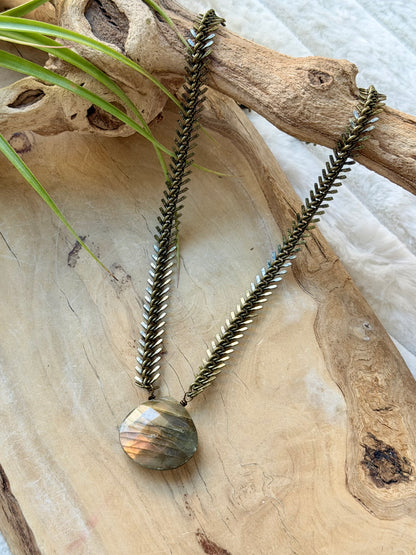 Labradorite + Antique Brass Fishbone Necklace